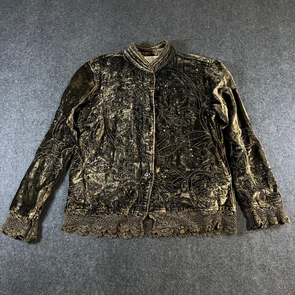 Flashback Couture Velvet Embroidered Jacket Olive Green Lace Trim XL VTG Boho